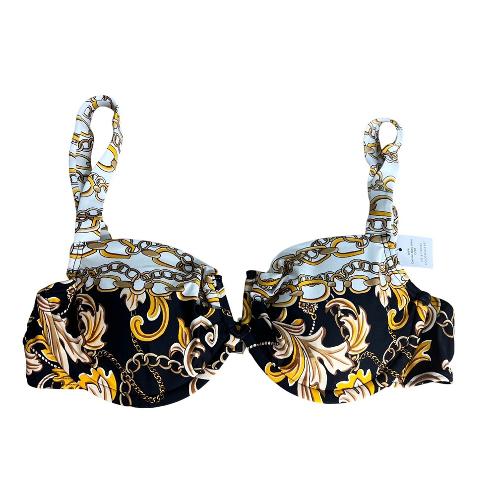 Carmen Marc Valvo Bikini Top Sz S Black Chain Baroque Nautical Underwire NWT